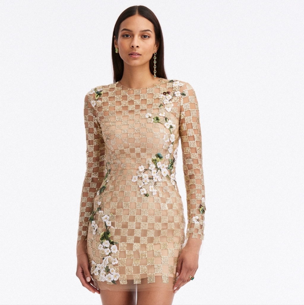 Oscar De La Rentagrid  Floral Threadwork Mini Dress Brand New